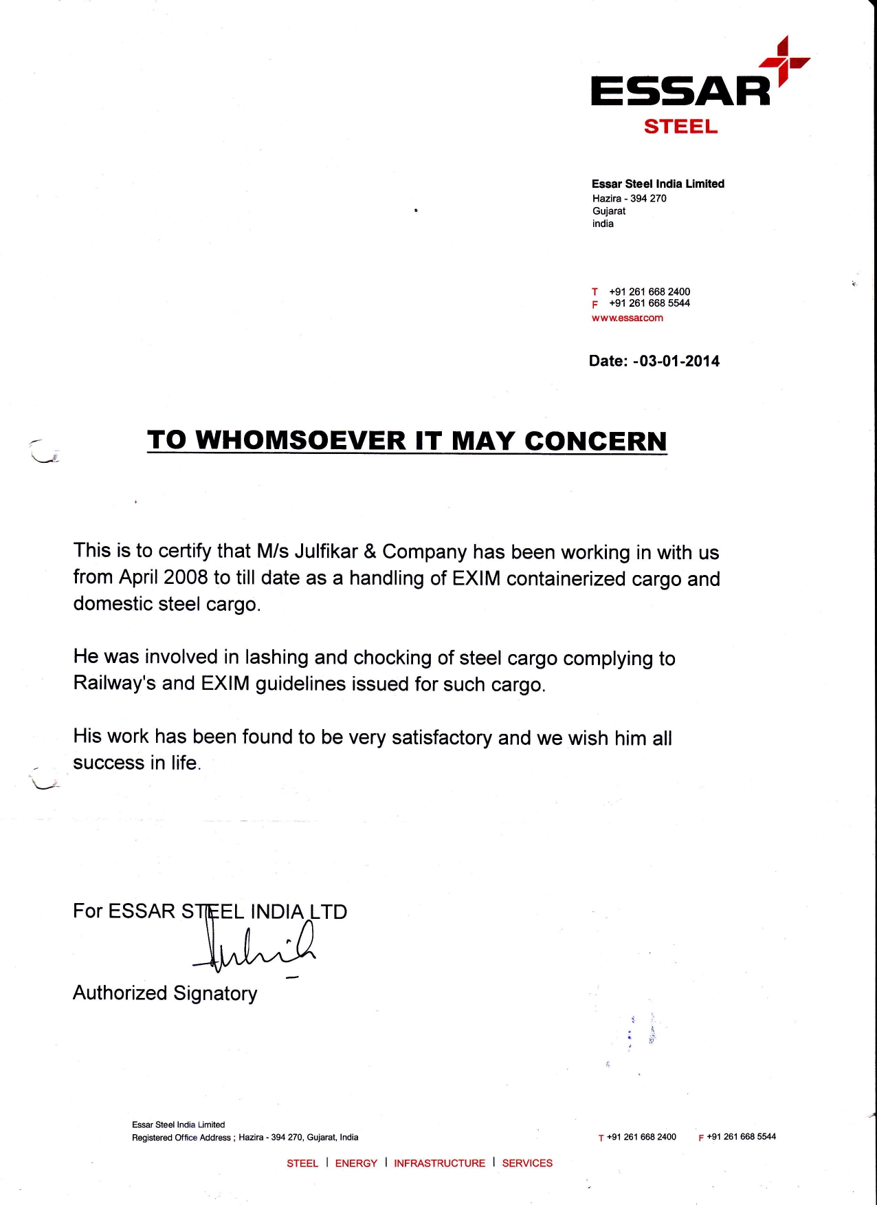 Certificate - ESSAR STEEL INDIA LTD