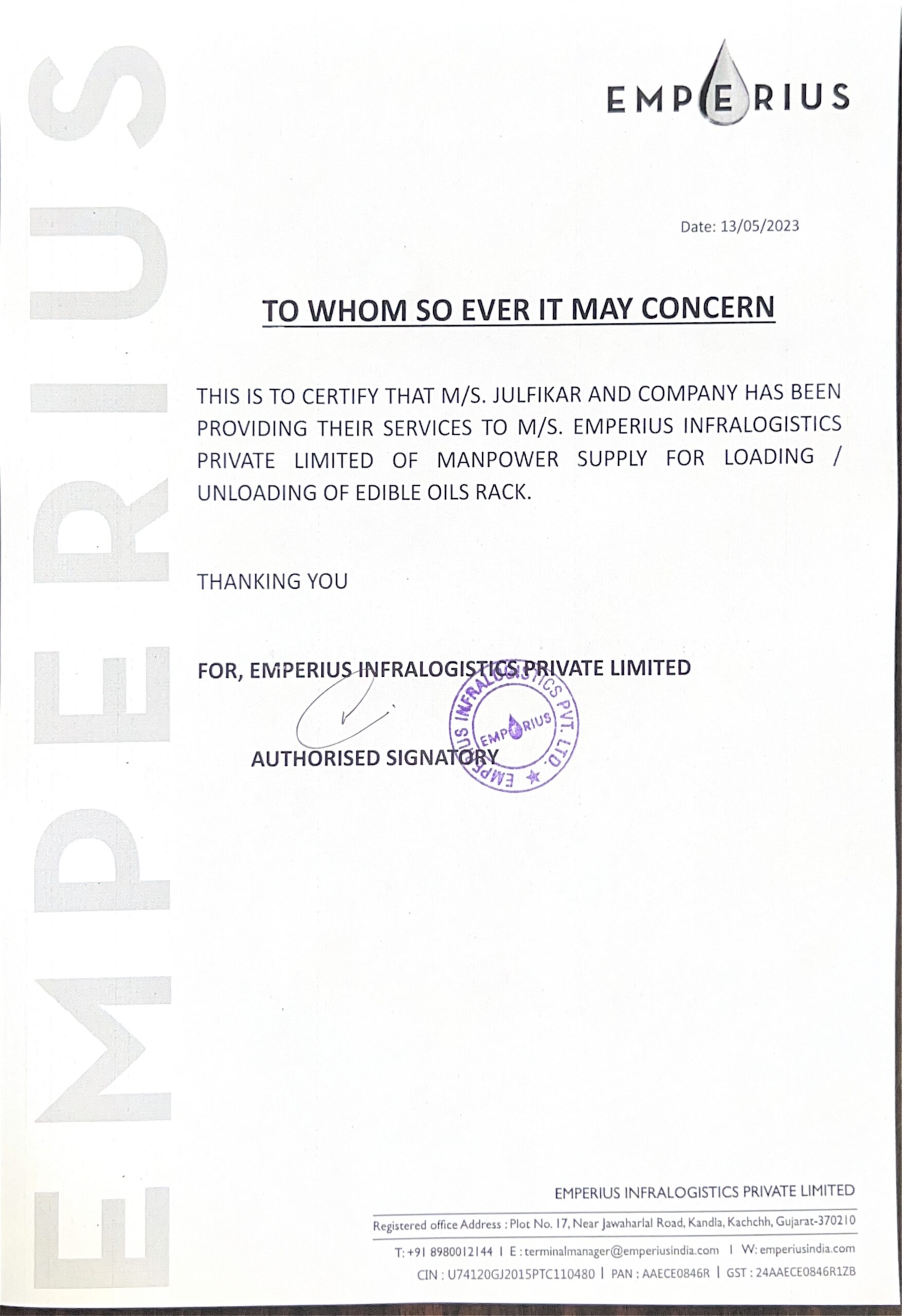 Certificate - EMPERIUS INFRALOGISTICS