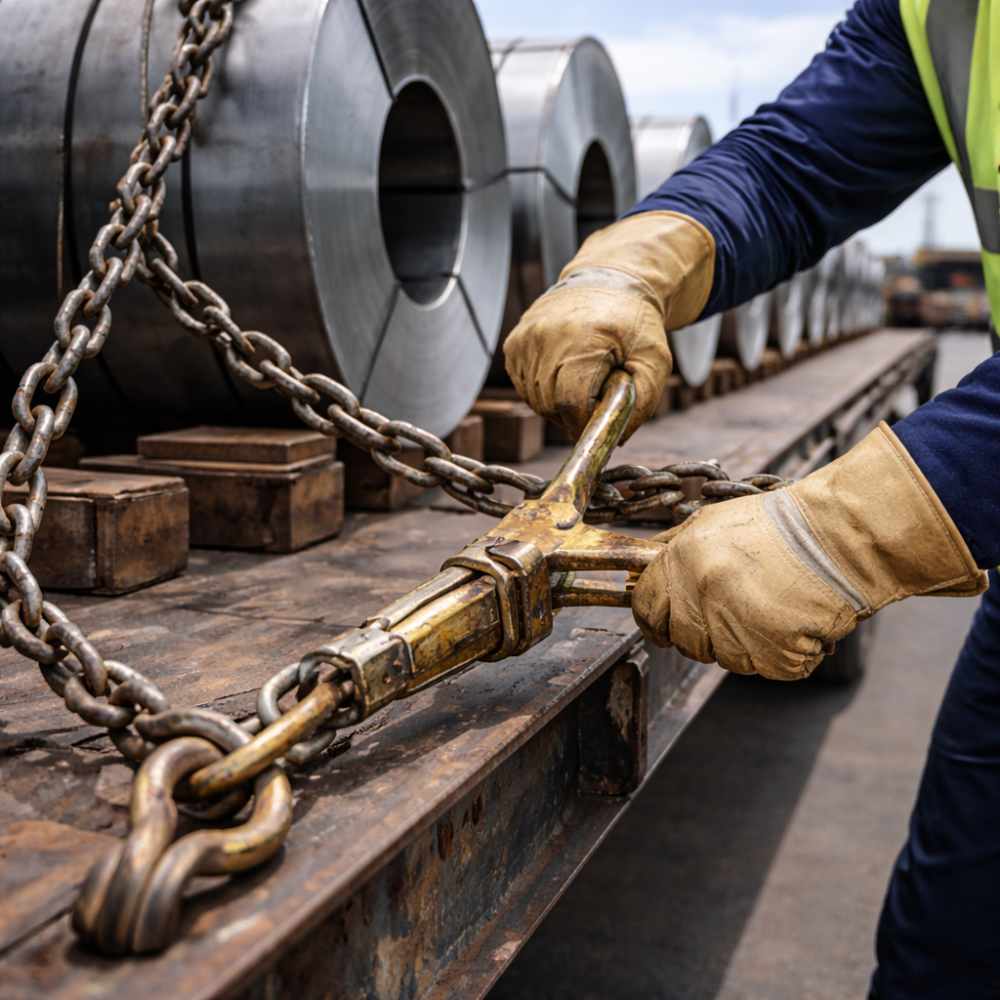 Steel cargo lashing materials - wire ropes, U clamps, steel straps